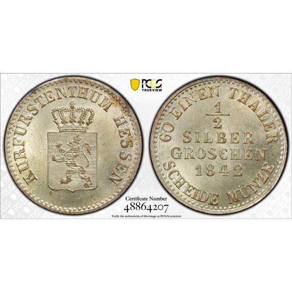 HESSE-CASSEL: Wilhelm II and Friedrich Wilhelm, 1831-1847, BI 1/2 silber groschen, 1842, PCGS MS65