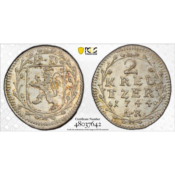 HESSE-DARMSTADT: Ludwig VIII, 1739-1768, BI 2 kreuzer, 1744, PCGS MS62