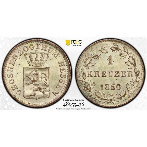 HESSE-DARMSTADT: Ludwig III, 1848-1877, BI kreuzer, 1850, PCGS MS65