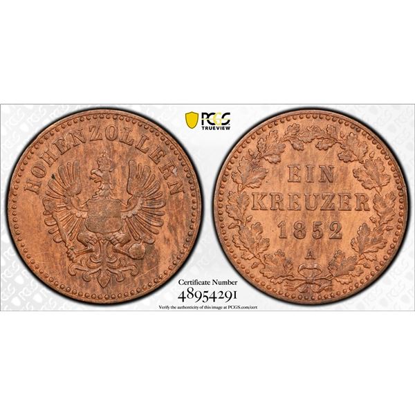HOHENZOLLERN: Frederick William IV, 1840-1861, AE kreuzer, 1852-A, PCGS AU58