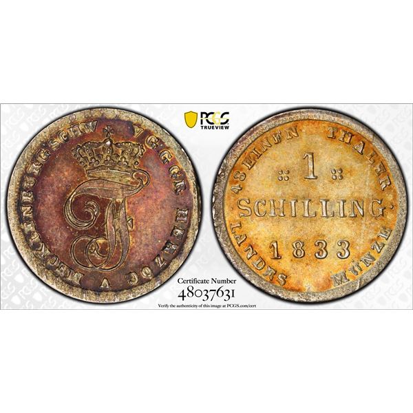 MECKLENBURG-SCHWERIN: Friedrich Franz I, 1785-1837, BI schilling, Schwerin, 1833, PCGS MS62