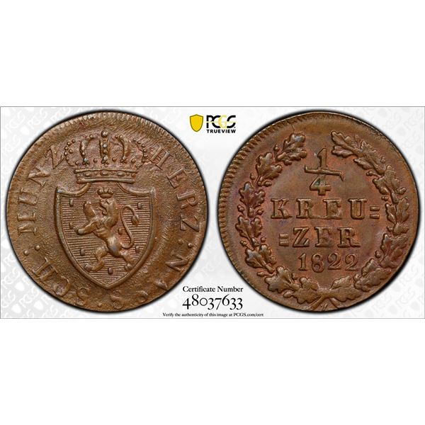 NASSAU: Wilhelm, 1816-1839, AE 1/4 kreuzer, 1822, PCGS MS64 BN