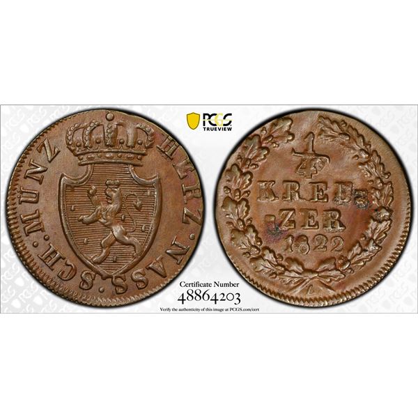 NASSAU: Wilhelm, 1816-1839, AE 1/4 kreuzer, 1822, PCGS MS63 BN