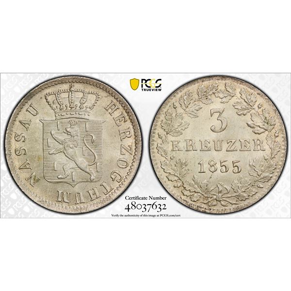 NASSAU: Adolph, 1839-1866, BI 3 kreuzer, 1855, PCGS MS66