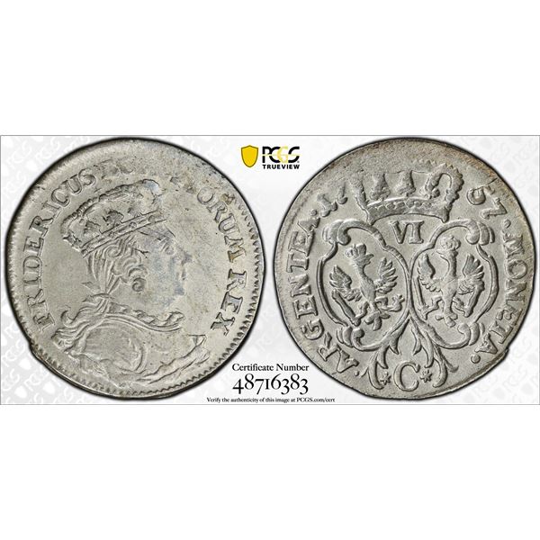 PRUSSIA: Friedrich II (The Great), 1740-1786, AR 6 groscher (szostake), 1757-C, PCGS AU58