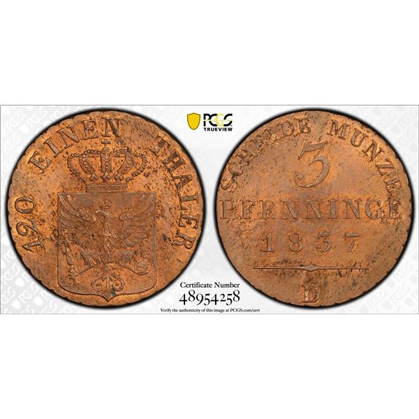PRUSSIA: Friedrich Wilhelm III, 1797-1840, AE 3 pfennig, 1837-D, PCGS MS63 RB