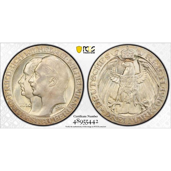 PRUSSIA: Wilhelm II, 1888-1918, AR 3 mark, 1910-A, PCGS MS64