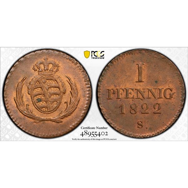 SAXONY: Friedrich August I, 1806-1827, AE pfennig, 1822, PCGS MS63 RB