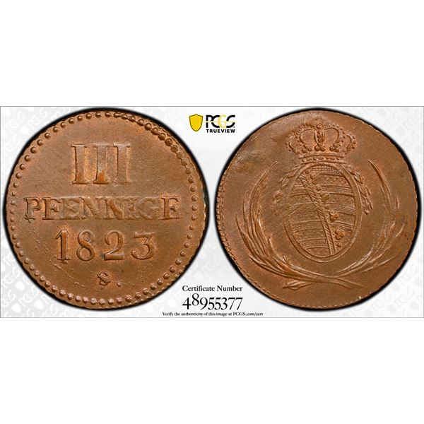 SAXONY: Friedrich August I, 1806-1827, AE 3 pfennige, 1823, PCGS MS63 BN