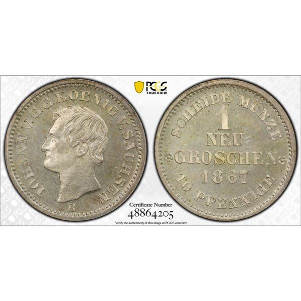 SAXONY: Johann, 1854-1873, AR neu-groschen, 1867, PCGS MS65