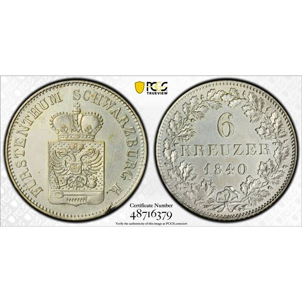 SCHWARZBURG-RUDOLSTADT: Friedrich Günther, 1807-1867, BI 6 kreuzer, 1840, PCGS UNC details