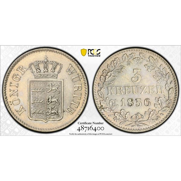 WÜRTTEMBERG: Wilhelm I, 1816-1864, BI 3 kreuzer, 1856, PCGS MS64