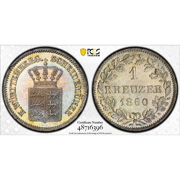 WÜRTTEMBERG: Wilhelm I, 1816-1864, BI kreuzer, 1860, PCGS MS64