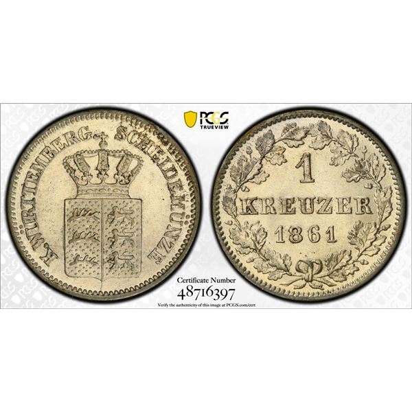 WÜRTTEMBERG: Wilhelm I, 1816-1864, BI kreuzer, 1861, PCGS MS64