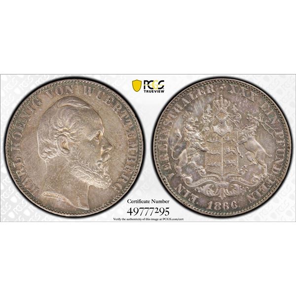 WÜRTTEMBERG: Karl I, 1864-1891, AR thaler, 1866, PCGS XF details