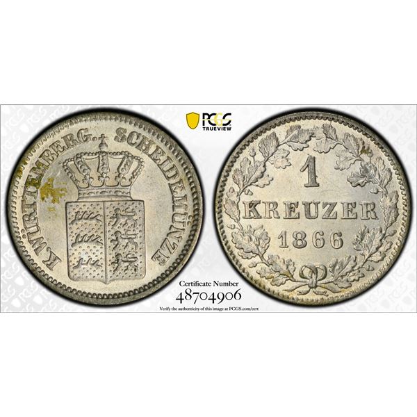 WÜRTTEMBERG: Karl I, 1864-1891, BI kreuzer, 1866, PCGS MS64