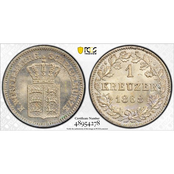 WÜRTTEMBERG: Karl I, 1864-1891, BI kreuzer, 1868, PCGS MS65