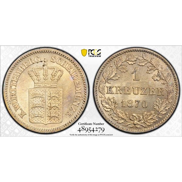 WÜRTTEMBERG: Karl I, 1864-1891, BI kreuzer, 1870, PCGS MS63