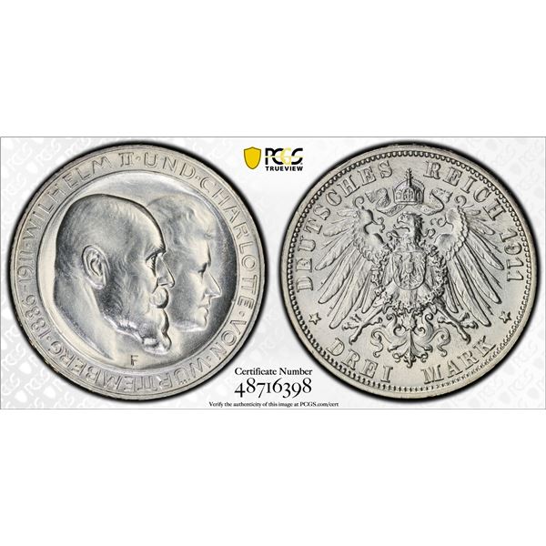 WÜRTTEMBERG: Wilhelm II, 1891-1918, AR 3 mark, Freudenstadt, 1911-F, PCGS MS62