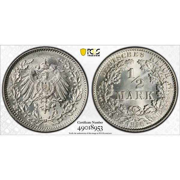 GERMANY: Kaiserreich, AR 1/2 mark, 1916-E, PCGS MS66