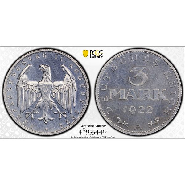GERMANY: Weimar Republic, 3 mark, 1922-A, PCGS Proof 63