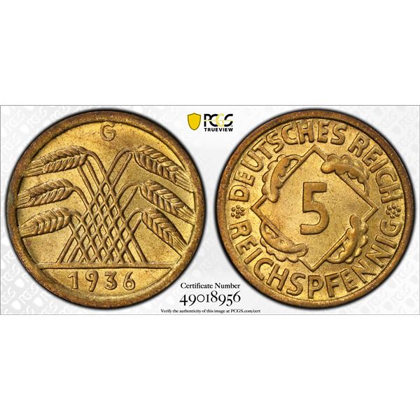 GERMANY: Third Reich, 5 reichspfennig, 1936-G, PCGS MS66