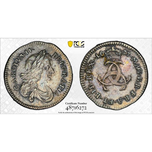 GREAT BRITAIN: Charles II, 1660-1685, AR threepence, 1677, PCGS AU55