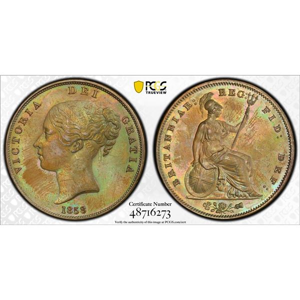 GREAT BRITAIN: Victoria, 1837-1901, AE penny, 1858, PCGS MS62 BN