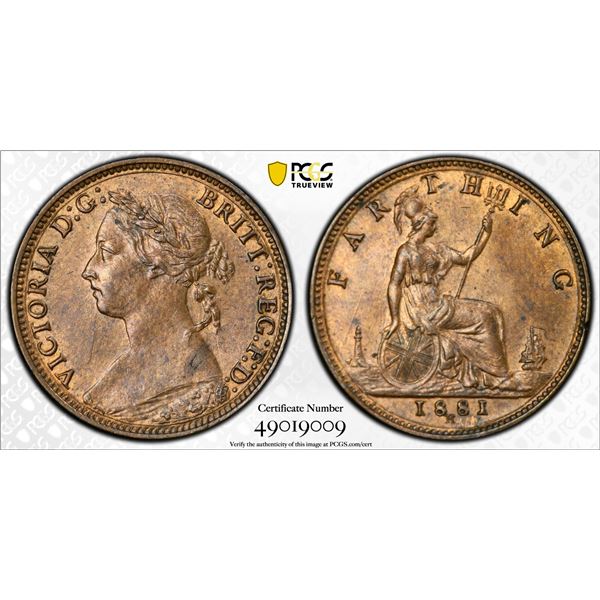 GREAT BRITAIN: Victoria, 1837-1901, AE farthing, 1881-H, PCGS MS63 BN