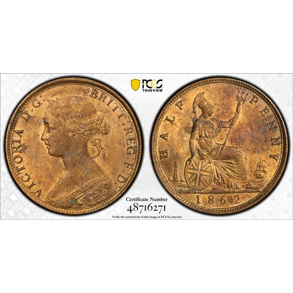 GREAT BRITAIN: Victoria, 1837-1901, AE halfpenny, 1862, PCGS MS63 RB