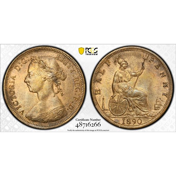 GREAT BRITAIN: Victoria, 1837-1901, AE halfpenny, 1890, PCGS MS64 RB