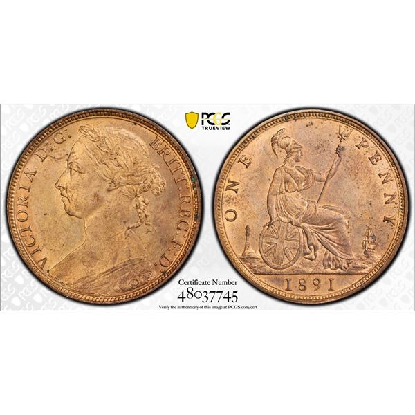 GREAT BRITAIN: Victoria, 1837-1901, AE penny, 1891, PCGS MS64 RB