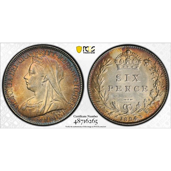 GREAT BRITAIN: Victoria, 1837-1901, AR sixpence, 1894, PCGS MS62