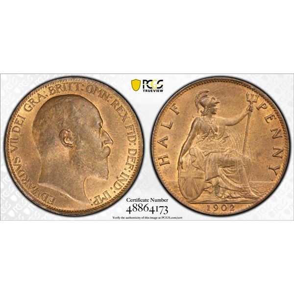 GREAT BRITAIN: Edward VII, 1901-1910, AE halfpenny, 1902, PCGS MS64 RB