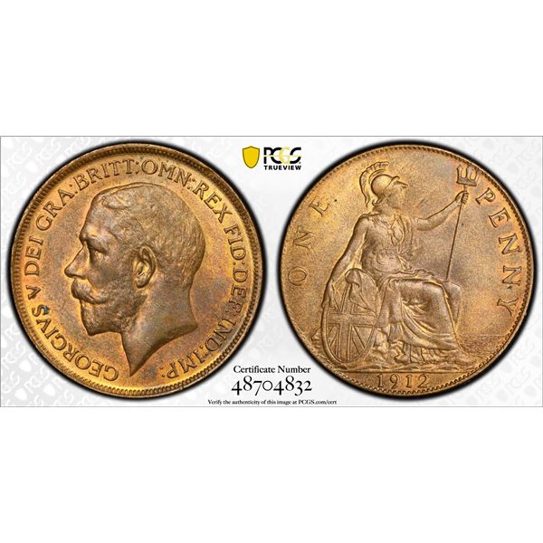 GREAT BRITAIN: George V, 1910-1936, AE penny, 1912, PCGS MS63 RB