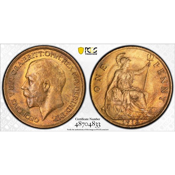 GREAT BRITAIN: George V, 1910-1936, AE penny, 1913, PCGS MS63 RB