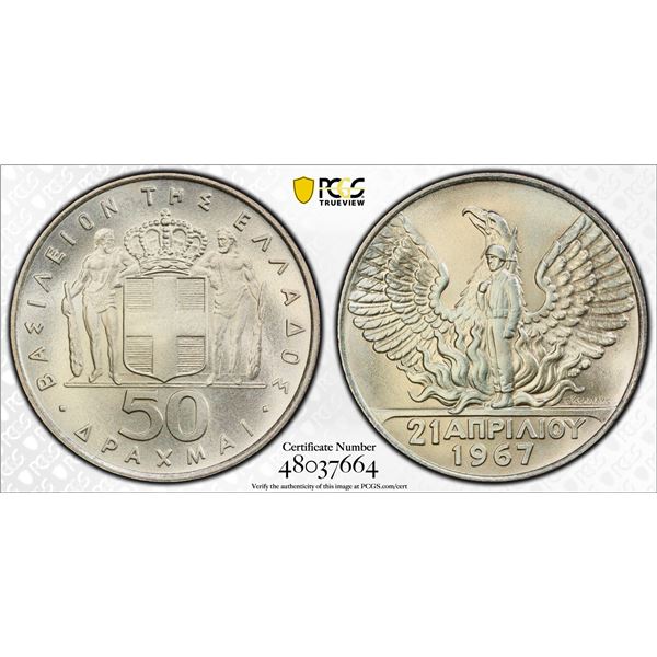 GREECE: Constantine II, 1964-1973, AR 50 drachmai, 1967 (1970), PCGS MS67