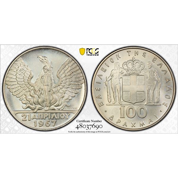 GREECE: Constantine II, 1964-1973, AR 100 drachmai, 1967 (1970), PCGS MS66