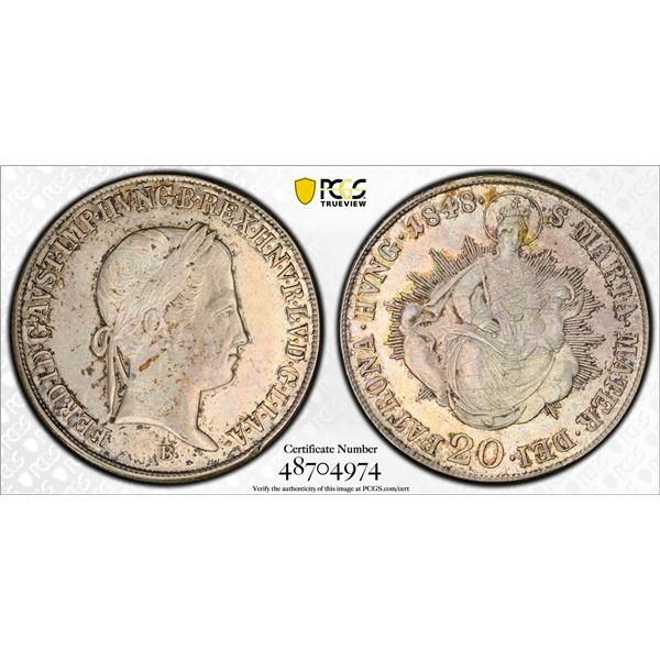 HUNGARY: Ferdinand V, 1835-1848, AR 20 krajczar, 1848-B, PCGS AU55