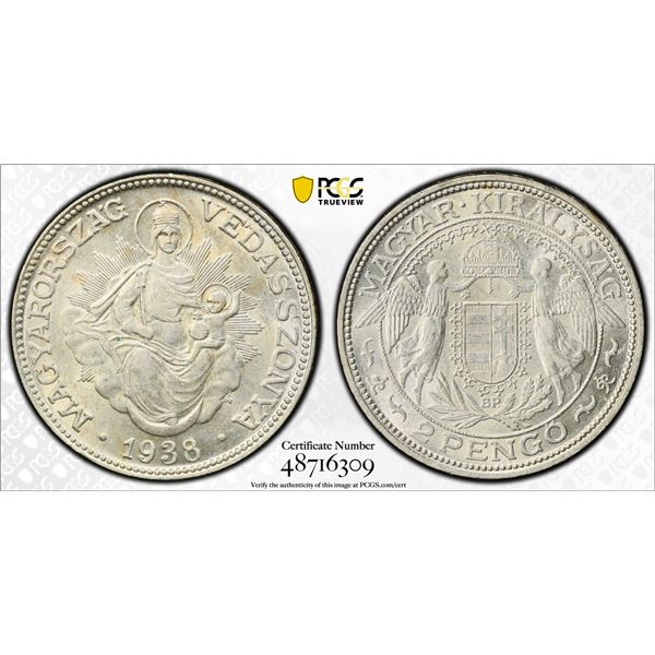 HUNGARY: Nicolas Horthy, 1920-1944, AR 2 pengö, 1938-BP, PCGS MS62