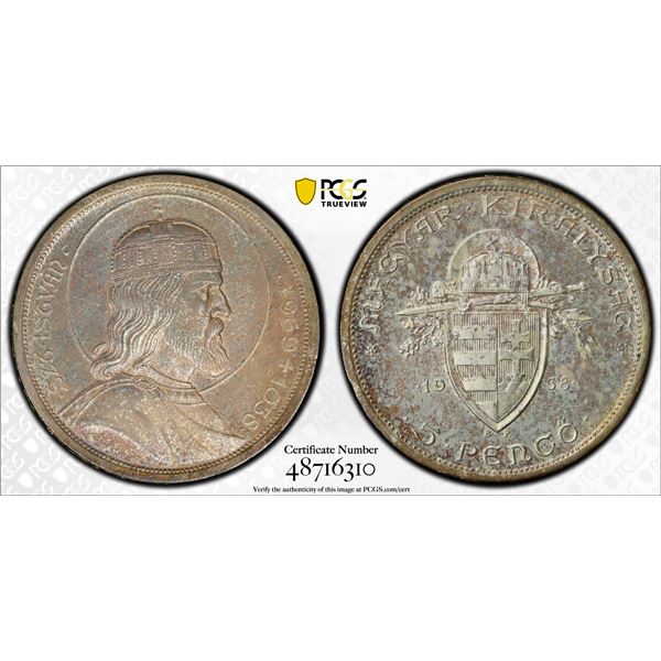 HUNGARY: Nicolas Horthy, 1920-1944, AR 5 pengö, 1938-BP, PCGS UNC details