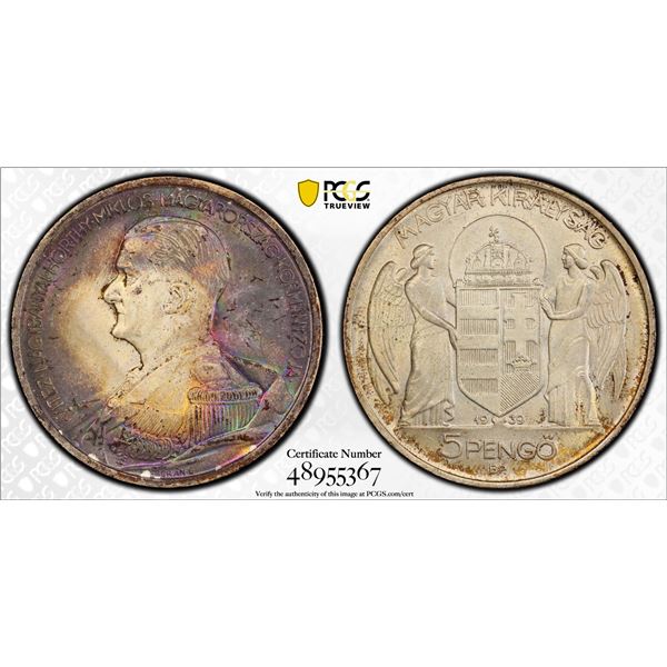 HUNGARY: Nicolas Horthy, 1920-1944, RA 5 pengö, 1939-BP, PCGS MS63