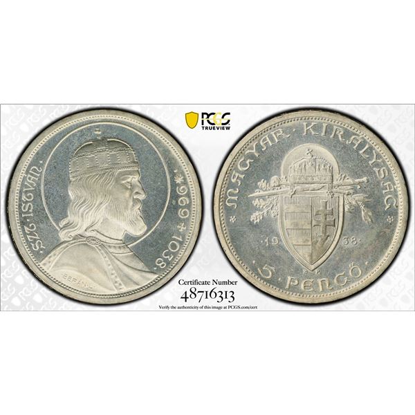 HUNGARY: Restrikes, AR 5 pengö, "1938-BP", PCGS MS66