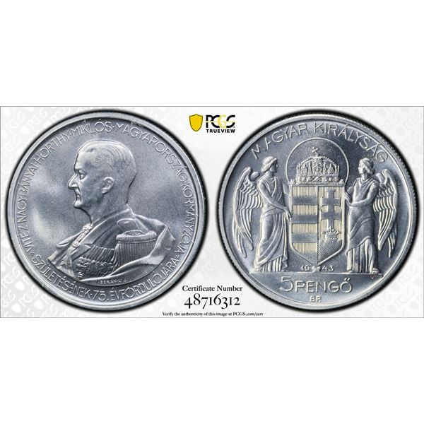 HUNGARY: Restrikes, 5 pengö, "1943-BP", PCGS Proof 67