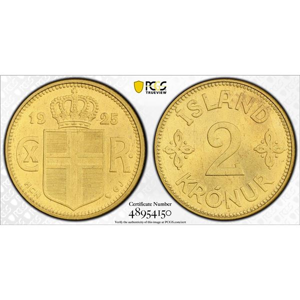 ICELAND: Christian X, 1912-1947, 2 kroner, 1925, PCGS MS65