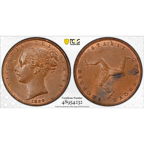 ISLE OF MAN: Victoria, 1837-1901, AE farthing, 1839, PCGS MS62 BN