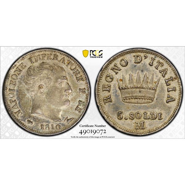 ITALY: KINGDOM OF ITALY: Napoleon I, 1805-1814, AR 5 soldi, 1810-M, PCGS AU58