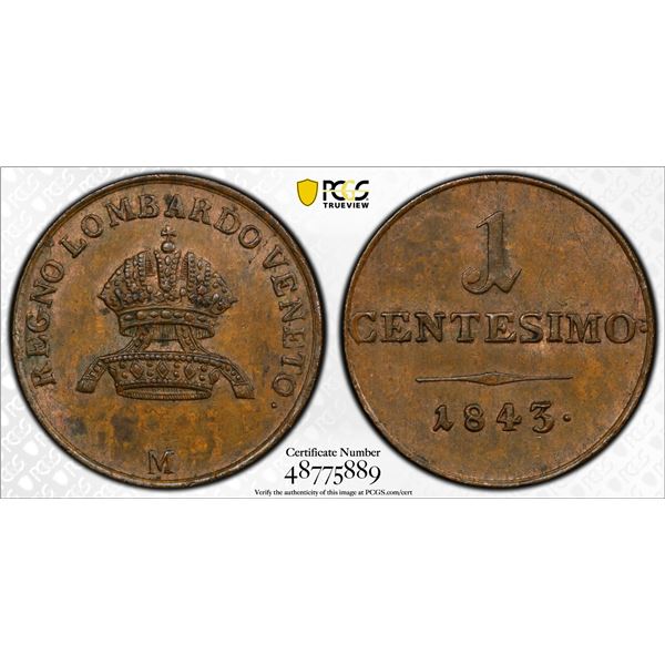 ITALY: LOMBARDY-VENETIA: Ferdinand I, 1835-1848, AE centesimo, 1843-M, PCGS MS63 BN