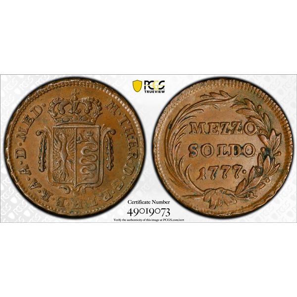 ITALY: MILAN: Maria Theresa, 1740-1780, AE 1/2 soldo, 1777, PCGS AU58
