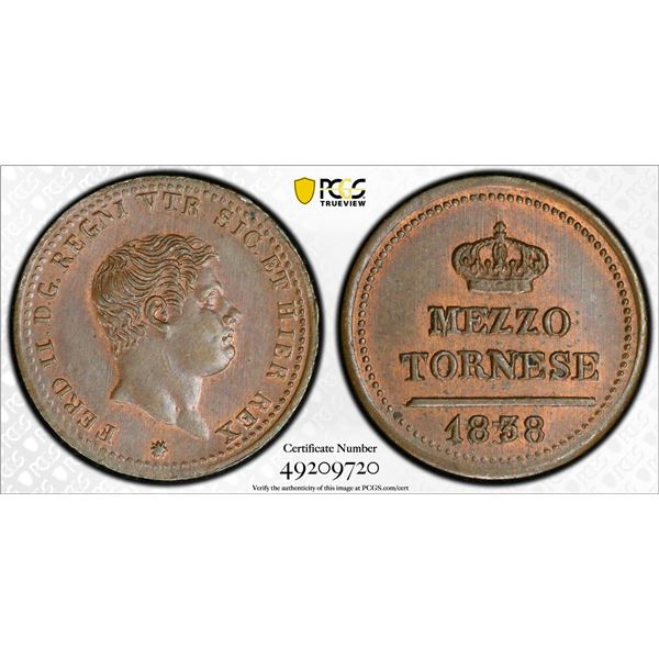 ITALY: NAPLES & SICILY: Ferdinando II, 1830-1859, AE 1/2 tornese, 1838, PCGS MS63 BN